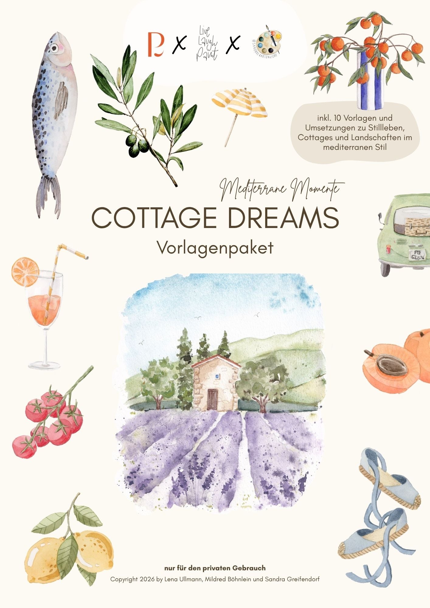 Aquarell Vorlagenpaket „Cottage Dreams“ 10 mediterrane Motive inkl. Live-Workshop
